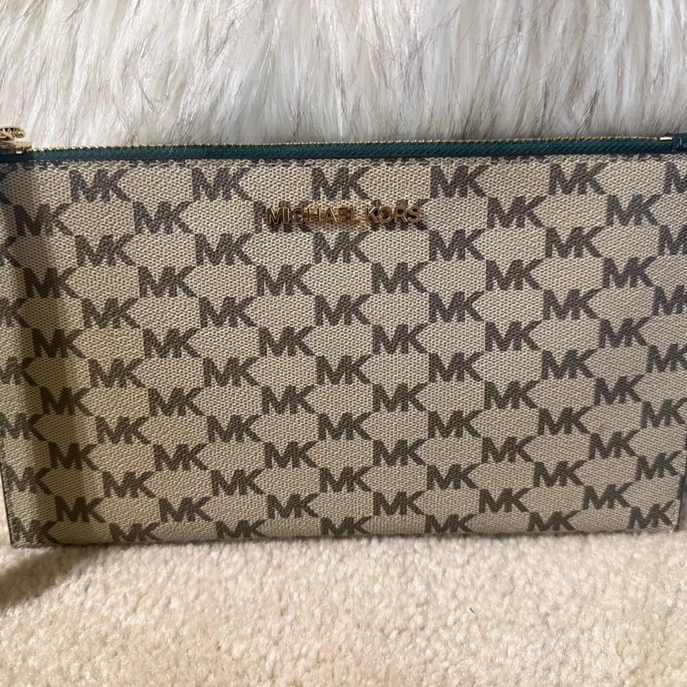Michael Kors Beige and Brown Green Monogram Pouch Wristlet Like New